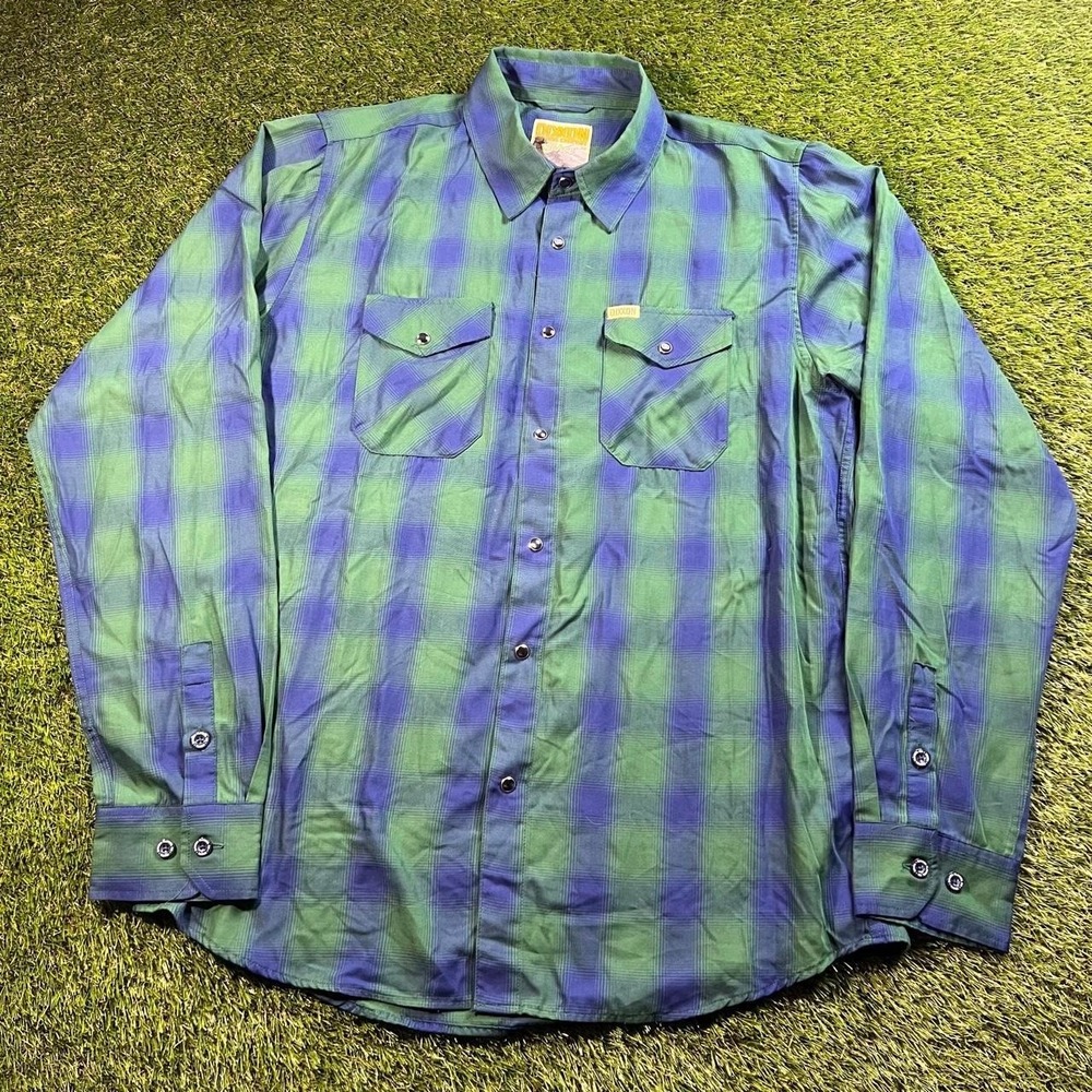 Dixxon Tahoe XLT Flannel Bamboo Blend Blue Green Plaid Long Sleeve Button Up Top